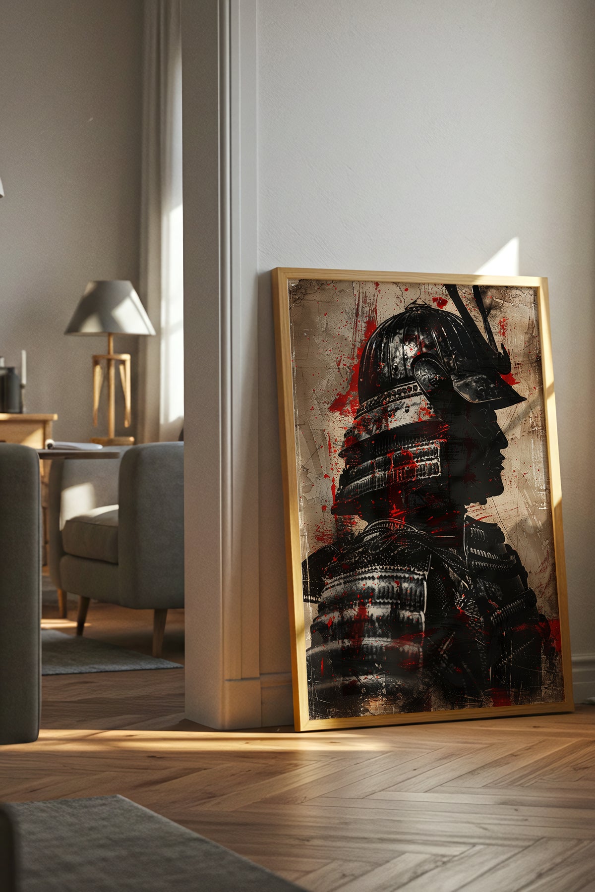 Crimson Splatter Kabuto Samurai Print - Vintage Art | Samurai Legacy
