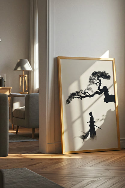 Pine Tree Samurai Art Print - Minimalist Ink Wash Poster | Samurai Legacy