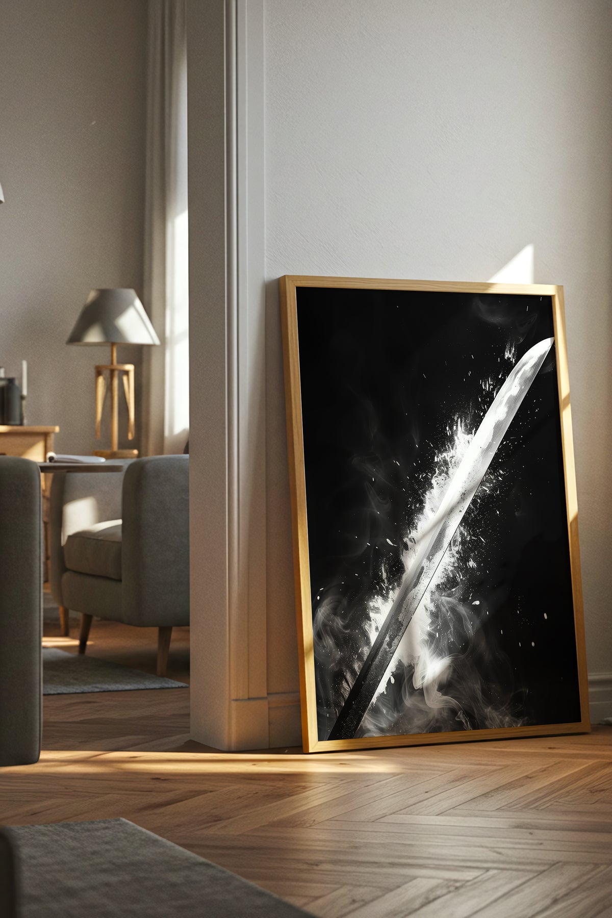 Glowing Katana Blade Print - Monochromatic Smoke Poster | Samurai Legacy