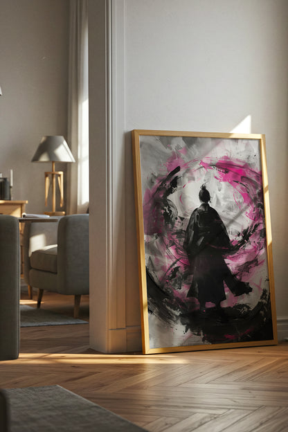 Silent Focus Lone Samurai Print - Expressionist Pink Ink Art | Samurai Legacy