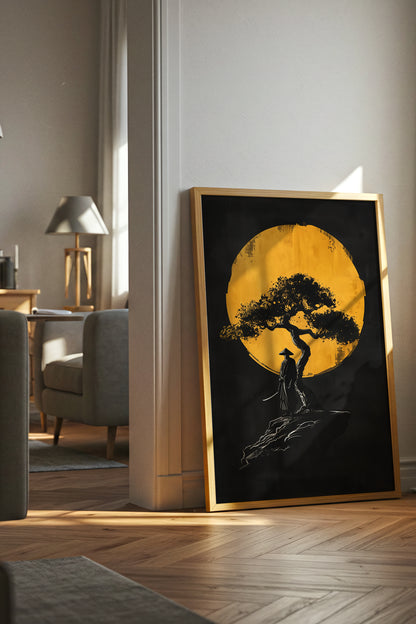 Lone Moonlit Samurai Bonsai Print - Abstract Gold & Black Zen Landscape | Samurai Legacy