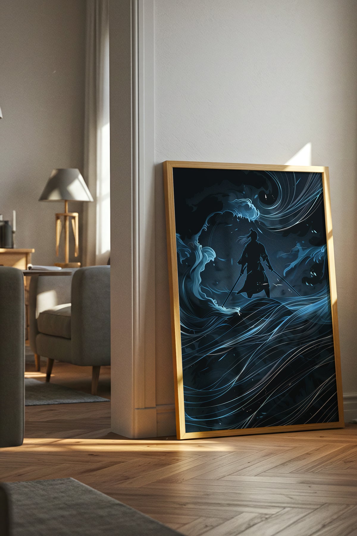 Lone Samurai Blue Ocean Print - Abstract Wave Art | Samurai Legacy