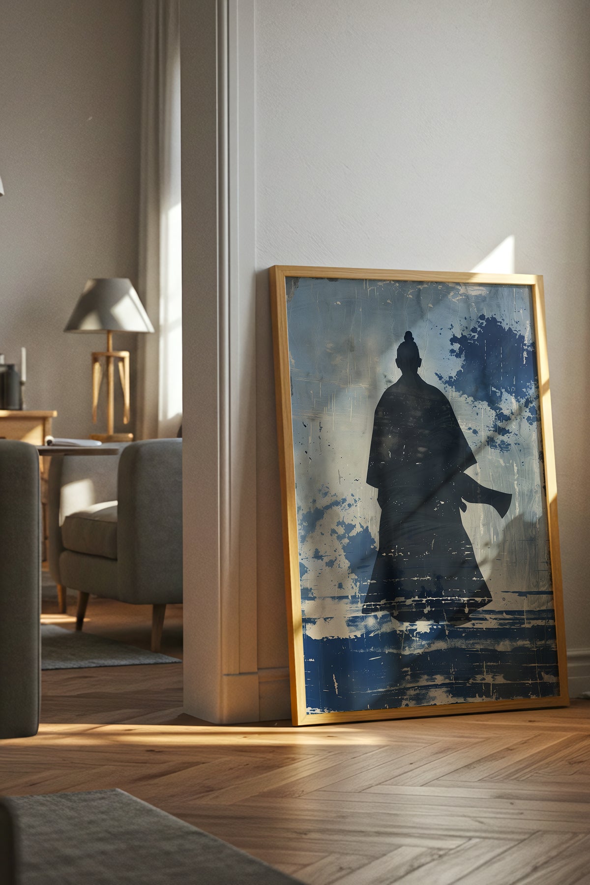 Lone Samurai Silhouette Print - Blue Ink Wabi-Sabi Art | Samurai Legacy