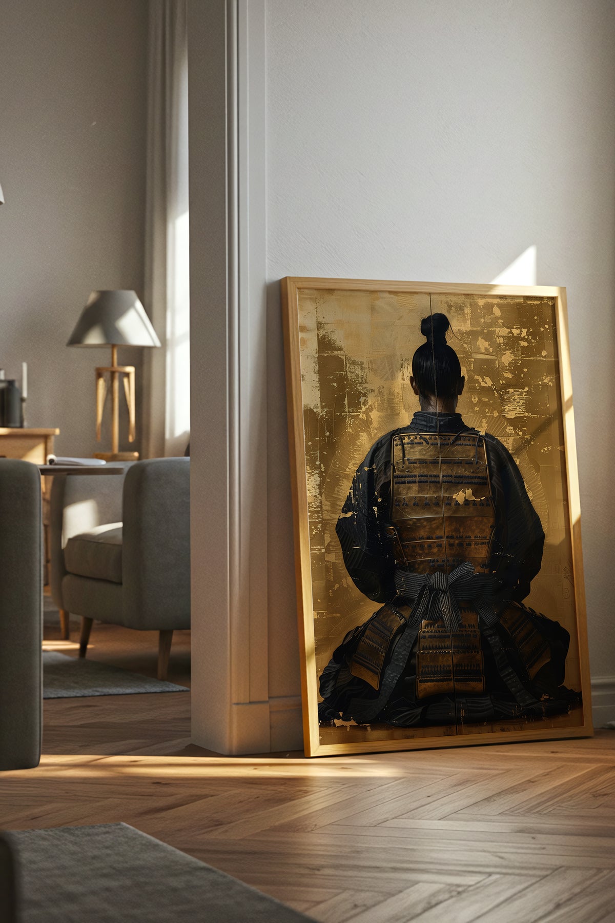Seated Samurai Armor Poster - Gold Leaf Japanese Wall Art | Samurai Legacy