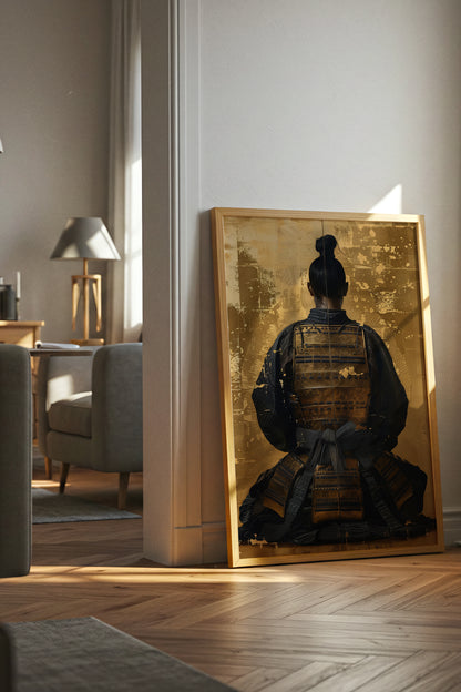 Seated Samurai Armor Poster - Gold Leaf Japanese Wall Art | Samurai Legacy