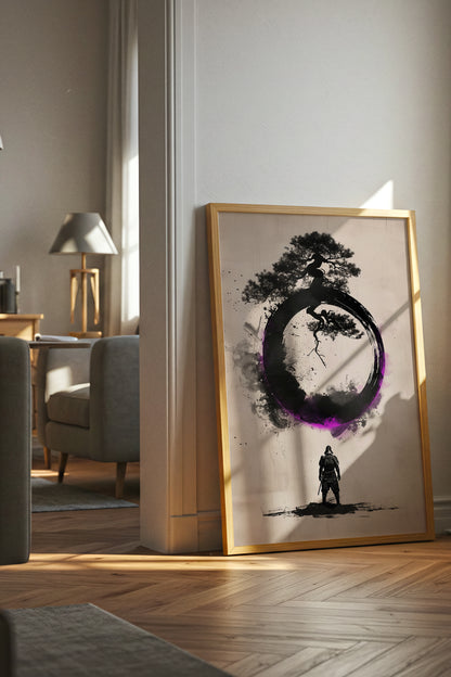 Zen Enso Circle Samurai Print - Violet Ink Pine Tree Decor | Samurai Legacy