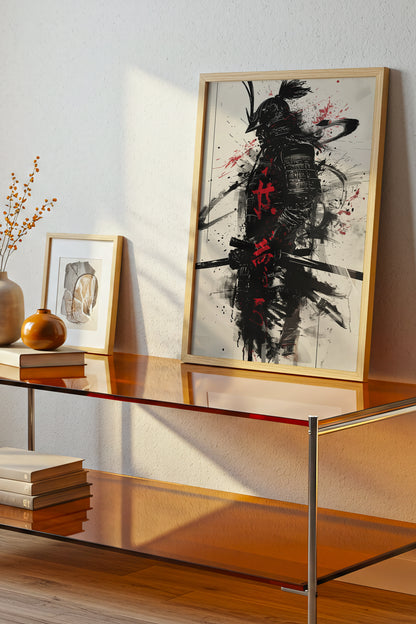Calligraphy Splatter Samurai Armor Print - Ink Art Poster | Samurai Legacy
