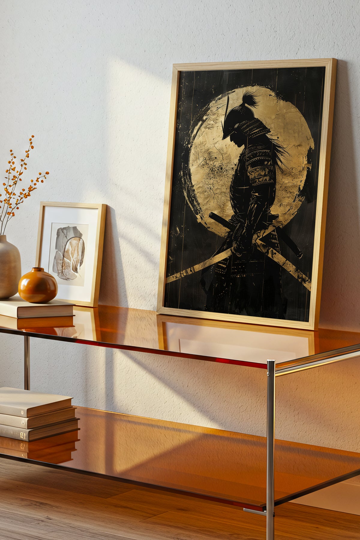 Gold Leaf Dual Katana Samurai Print - Obsidian Art | Samurai Legacy