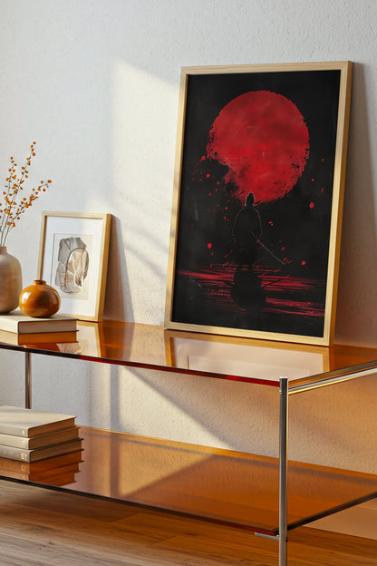 Crimson Moon Samurai Wall Art - Dark Minimalist Poster | Samurai Legacy