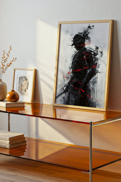 Charcoal Splatter Samurai Print - Raw Action Oil Poster | Samurai Legacy