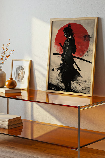 Red Sun Samurai Art Print - Vintage Sumi Ink Poster | Samurai Legacy