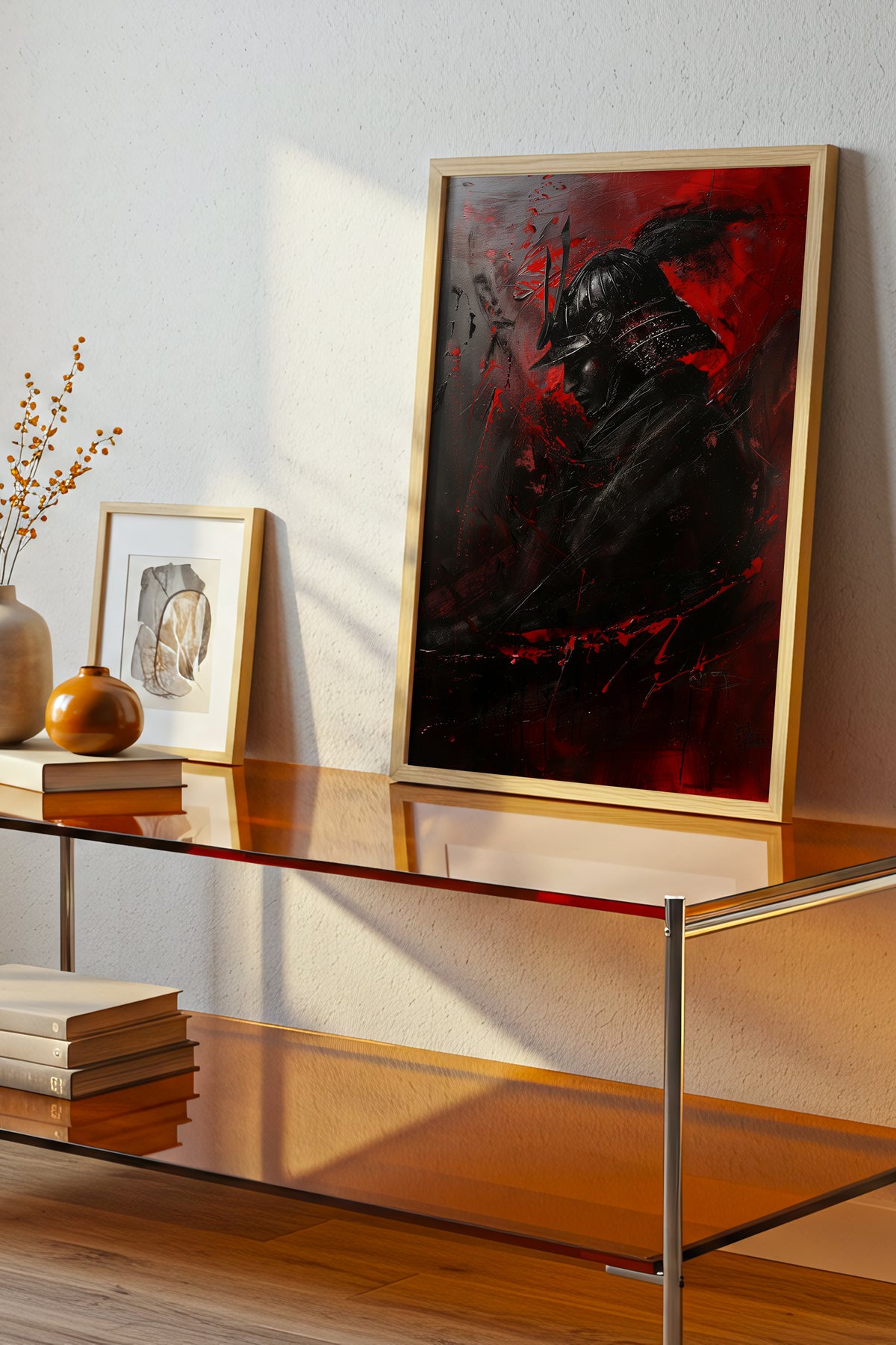Crimson Samurai Helmet Profile Print - Dark Impasto Art | Samurai Legacy
