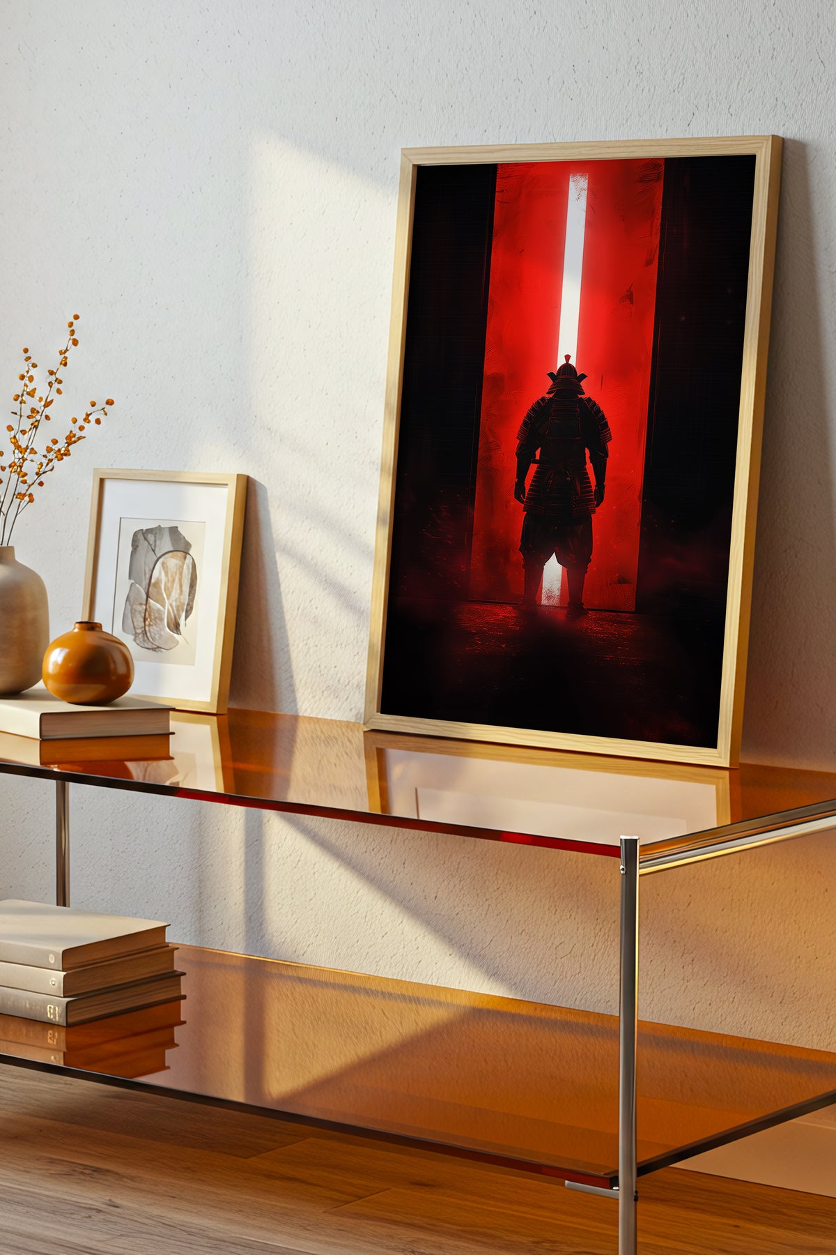 Red Portal Samurai Armor Print - Minimal Light Beam Art | Samurai Legacy