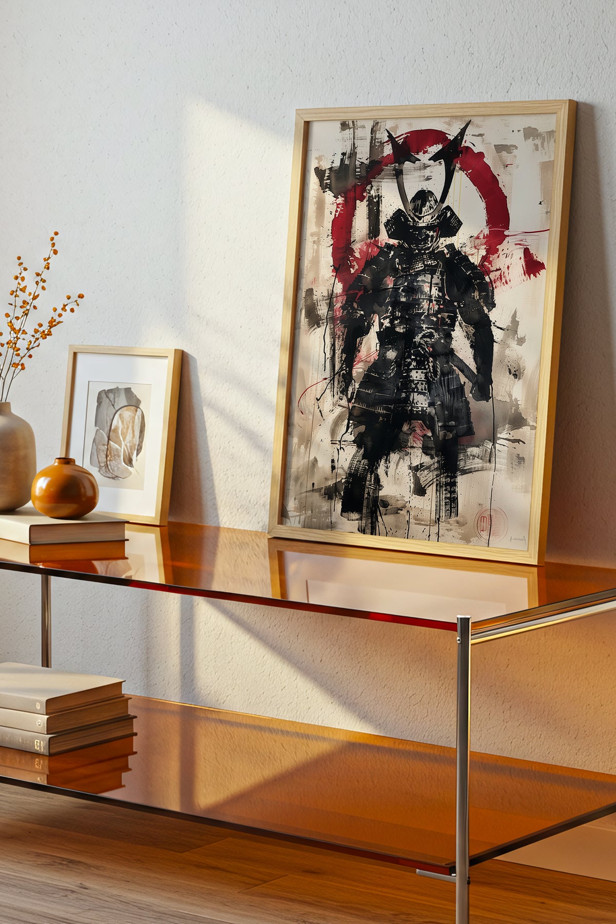 Red Enso Samurai Armor Print - Sumi Ink Wash Poster | Samurai Legacy