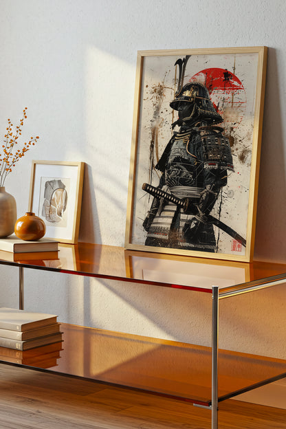 Red Sun Samurai Armor Print - Gold Splatter Wash Art | Samurai Legacy