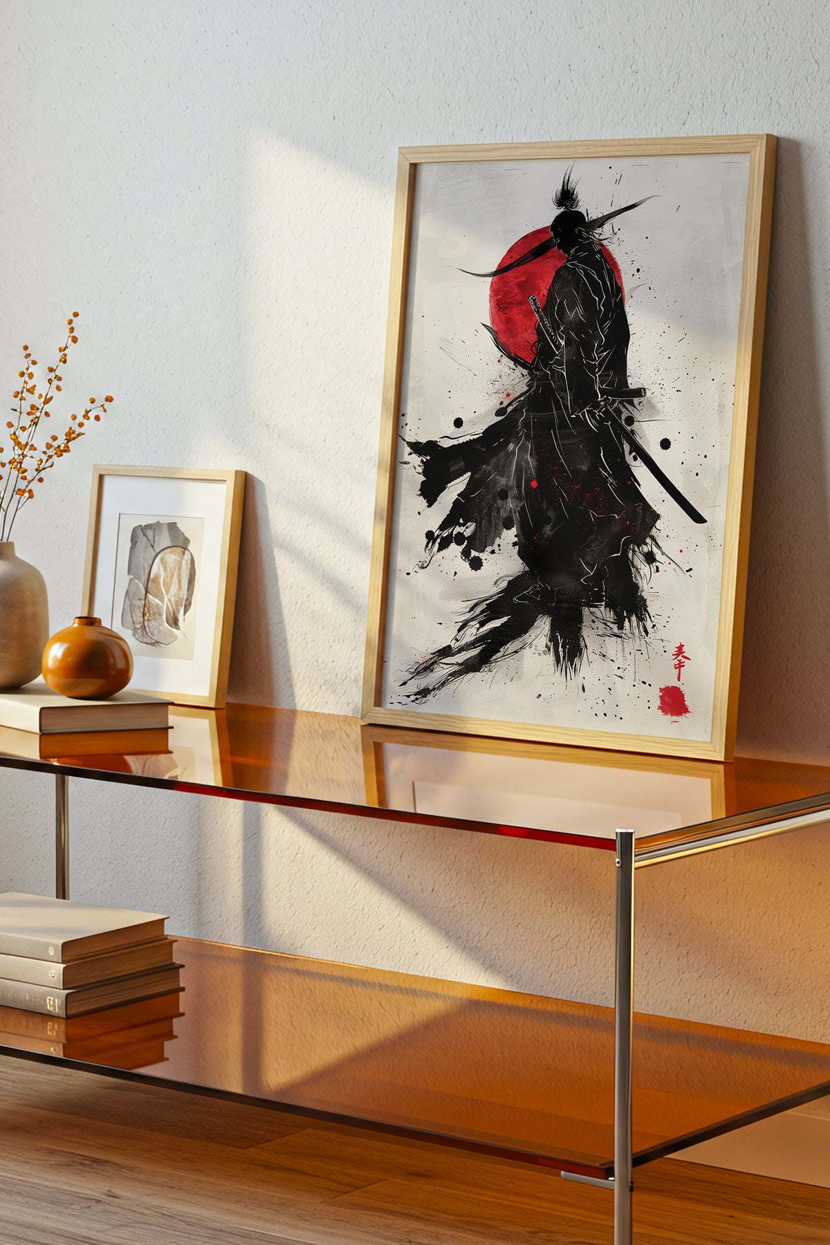 Crimson Sun Samurai Print - Dynamic Sumi Ink Poster | Samurai Legacy