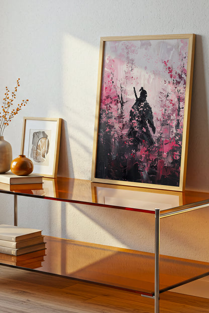 Cherry Blossom Samurai Print - Impressionist Pink Sakura Poster | Samurai Legacy