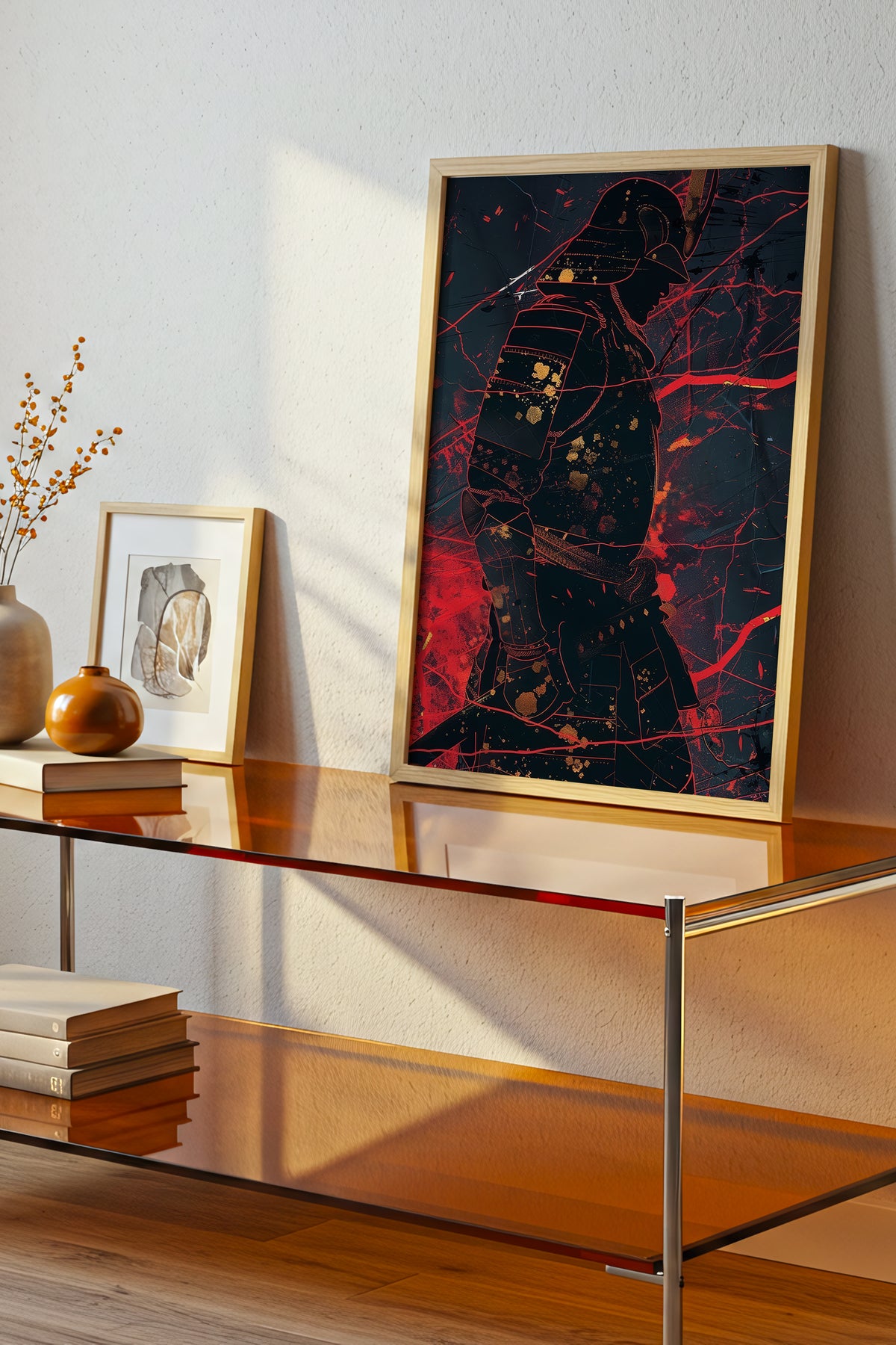 Crimson Line Samurai Armor Poster - Abstract Gold Print | Samurai Legacy
