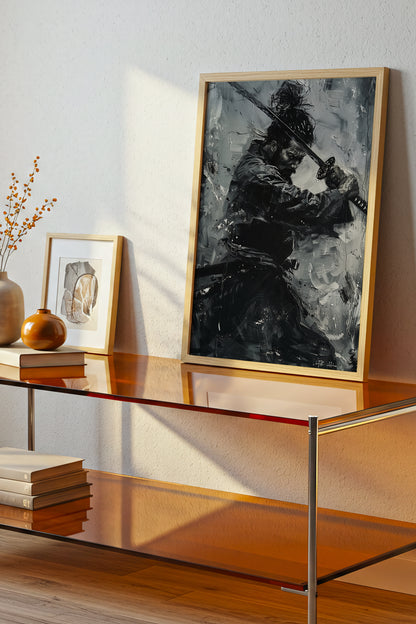 Monochromatic Katana Samurai Poster - Impasto Art Print | Samurai Legacy