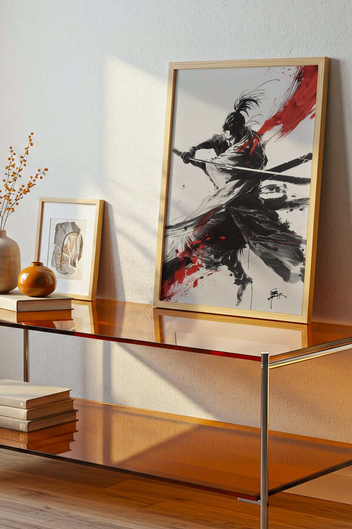 Crimson Arc Samurai Katana Print - Ink Wash Poster | Samurai Legacy