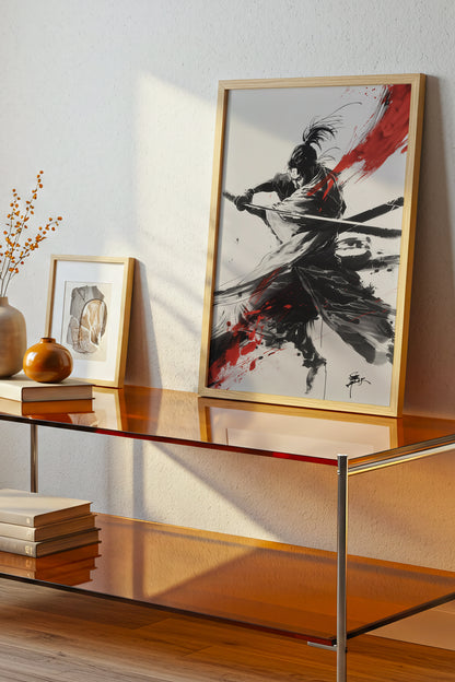 Crimson Arc Samurai Katana Print - Ink Wash Poster | Samurai Legacy