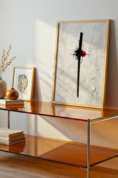 Katana Sword Red Sun Wall Art - Minimalist Ink Poster | Samurai Legacy