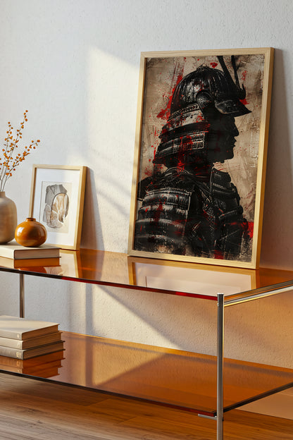 Crimson Splatter Kabuto Samurai Print - Vintage Art | Samurai Legacy