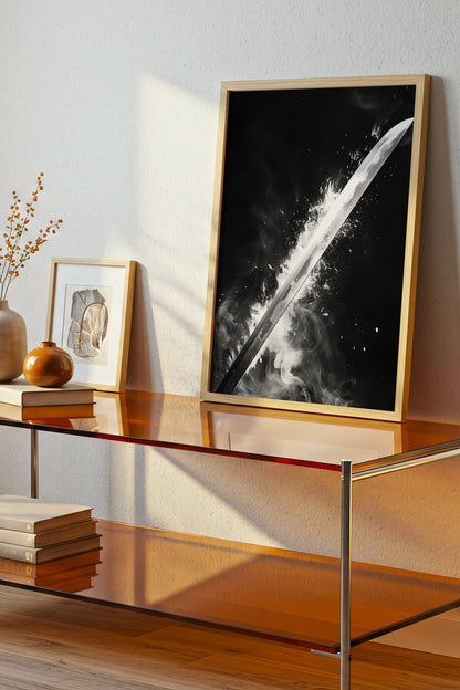 Glowing Katana Blade Print - Monochromatic Smoke Poster | Samurai Legacy