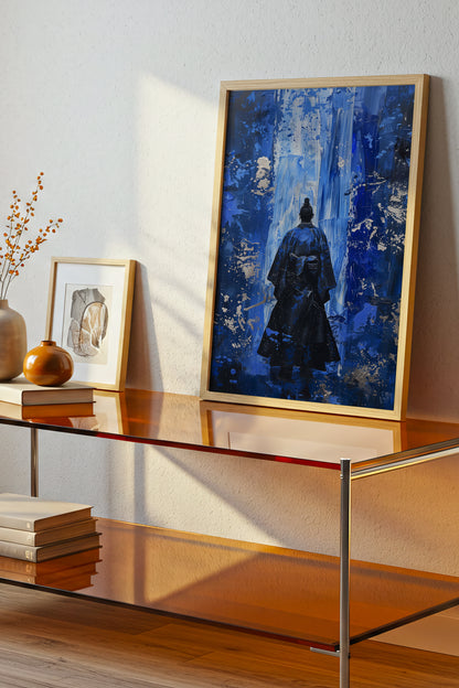 Cobalt Blue Samurai Print - Silver Impasto Poster | Samurai Legacy