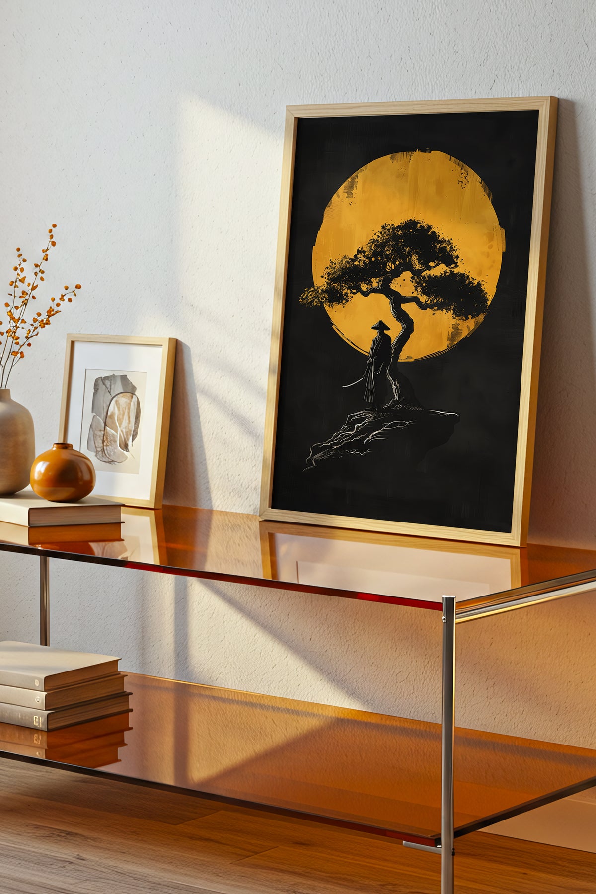 Lone Moonlit Samurai Bonsai Print - Abstract Gold & Black Zen Landscape | Samurai Legacy