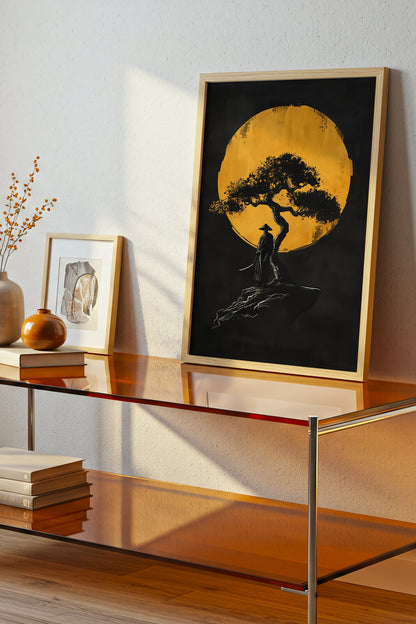 Lone Moonlit Samurai Bonsai Print - Abstract Gold & Black Zen Landscape | Samurai Legacy