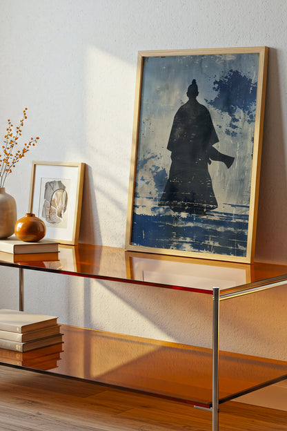 Lone Samurai Silhouette Print - Blue Ink Wabi-Sabi Art | Samurai Legacy