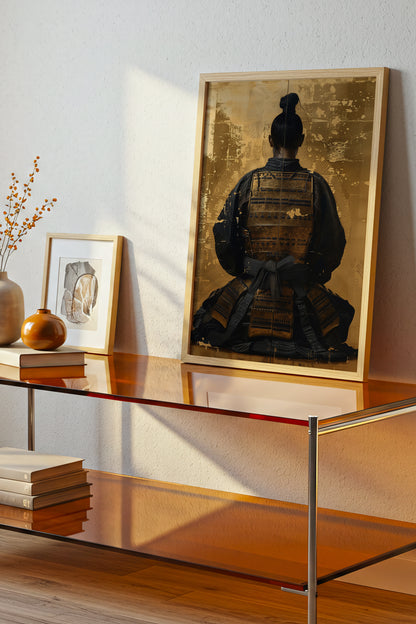 Seated Samurai Armor Poster - Gold Leaf Japanese Wall Art | Samurai Legacy