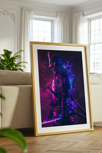 Cyber Neon Samurai Wall Art - Violet Blue Shogun Poster | Samurai Legacy
