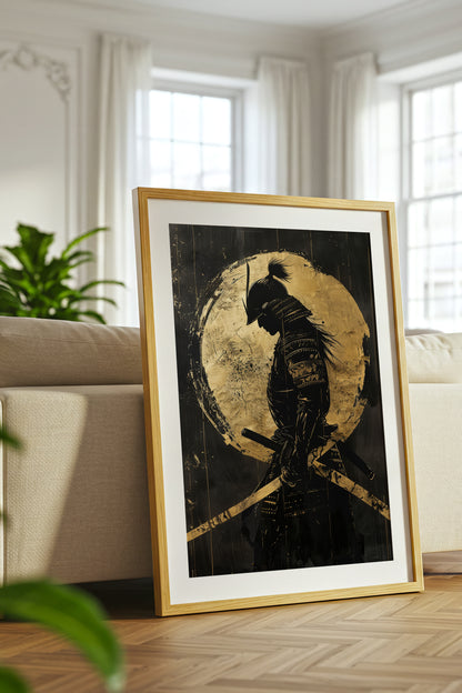 Gold Leaf Dual Katana Samurai Print - Obsidian Art | Samurai Legacy
