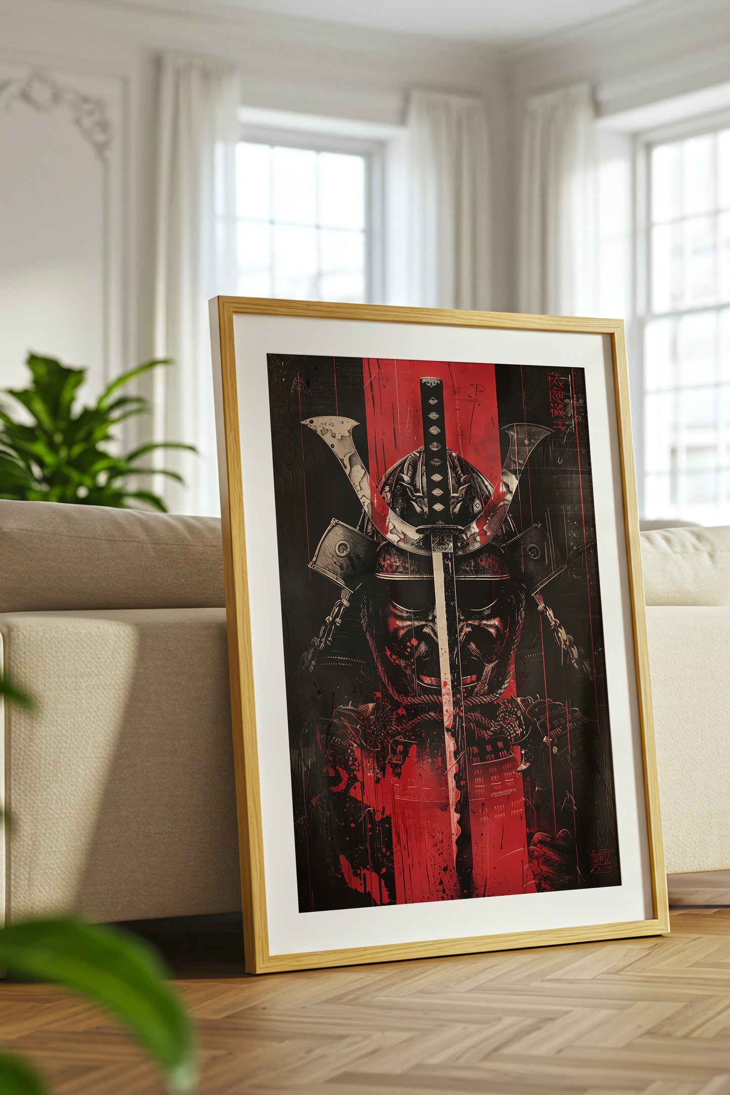 Crimson Katana Kabuto Poster - Graphic Samurai Print | Samurai Legacy