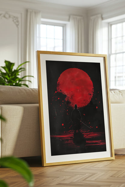 Crimson Moon Samurai Wall Art - Dark Minimalist Poster | Samurai Legacy