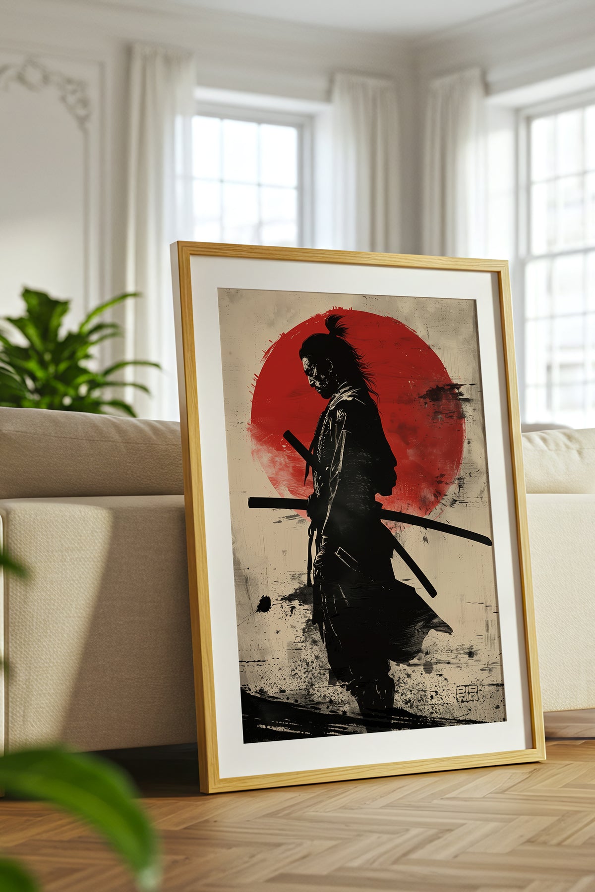 Red Sun Samurai Art Print - Vintage Sumi Ink Poster | Samurai Legacy