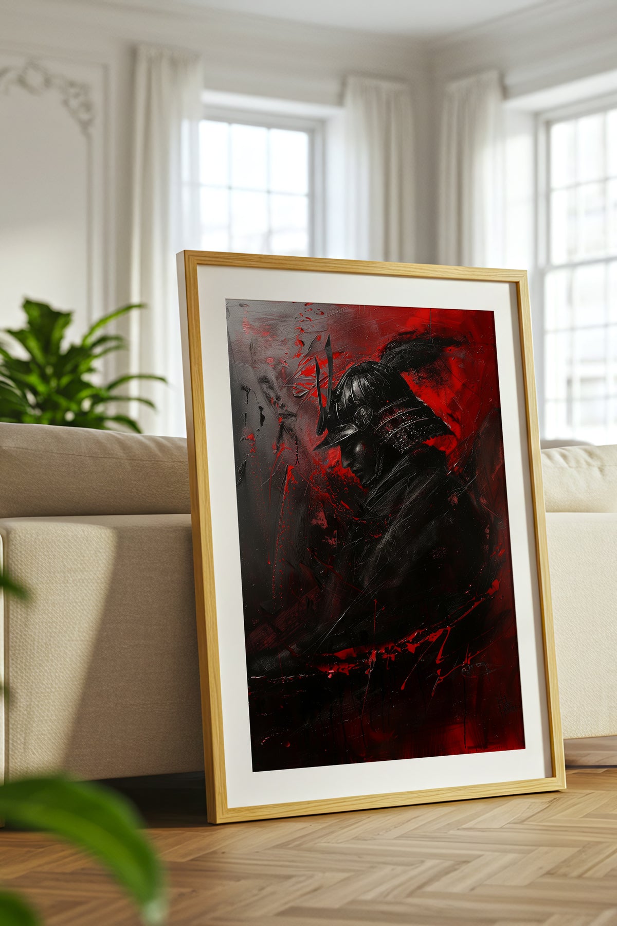 Crimson Samurai Helmet Profile Print - Dark Impasto Art | Samurai Legacy