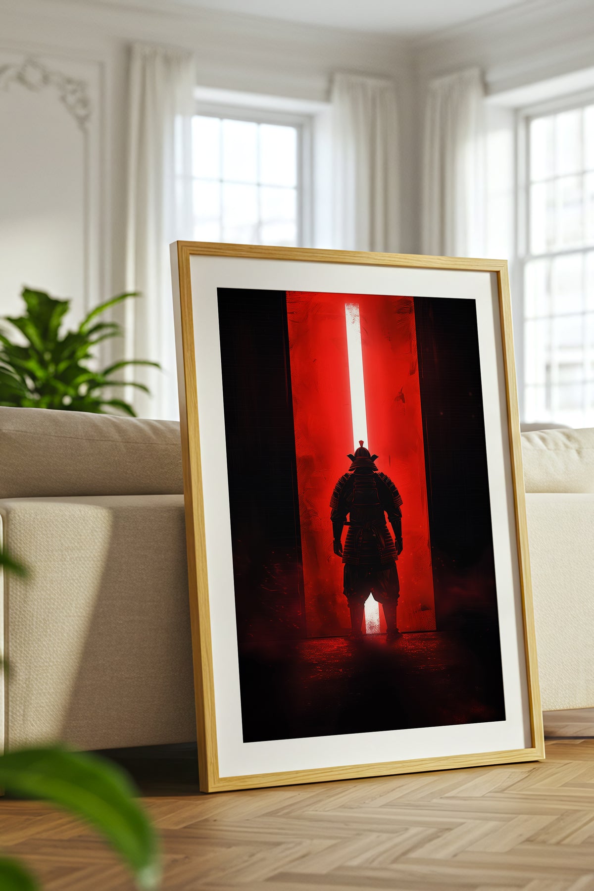 Red Portal Samurai Armor Print - Minimal Light Beam Art | Samurai Legacy