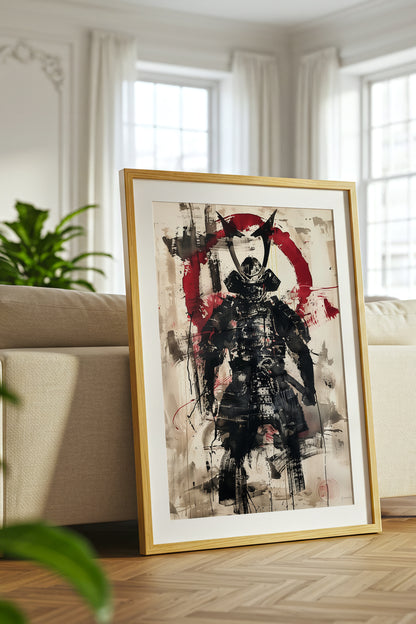 Red Enso Samurai Armor Print - Sumi Ink Wash Poster | Samurai Legacy
