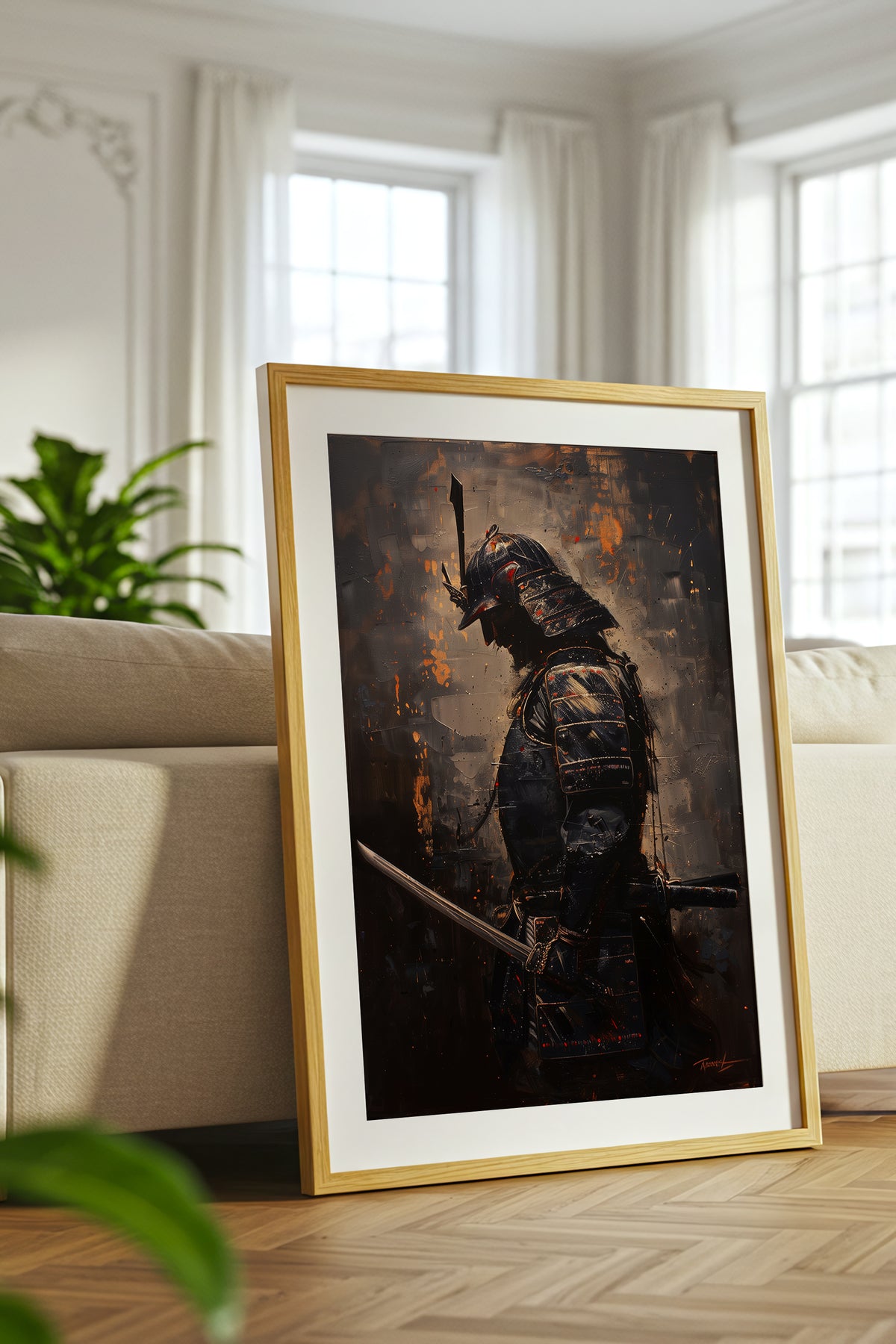 Gold Ember Samurai Profile Print - Dark Impasto Art | Samurai Legacy