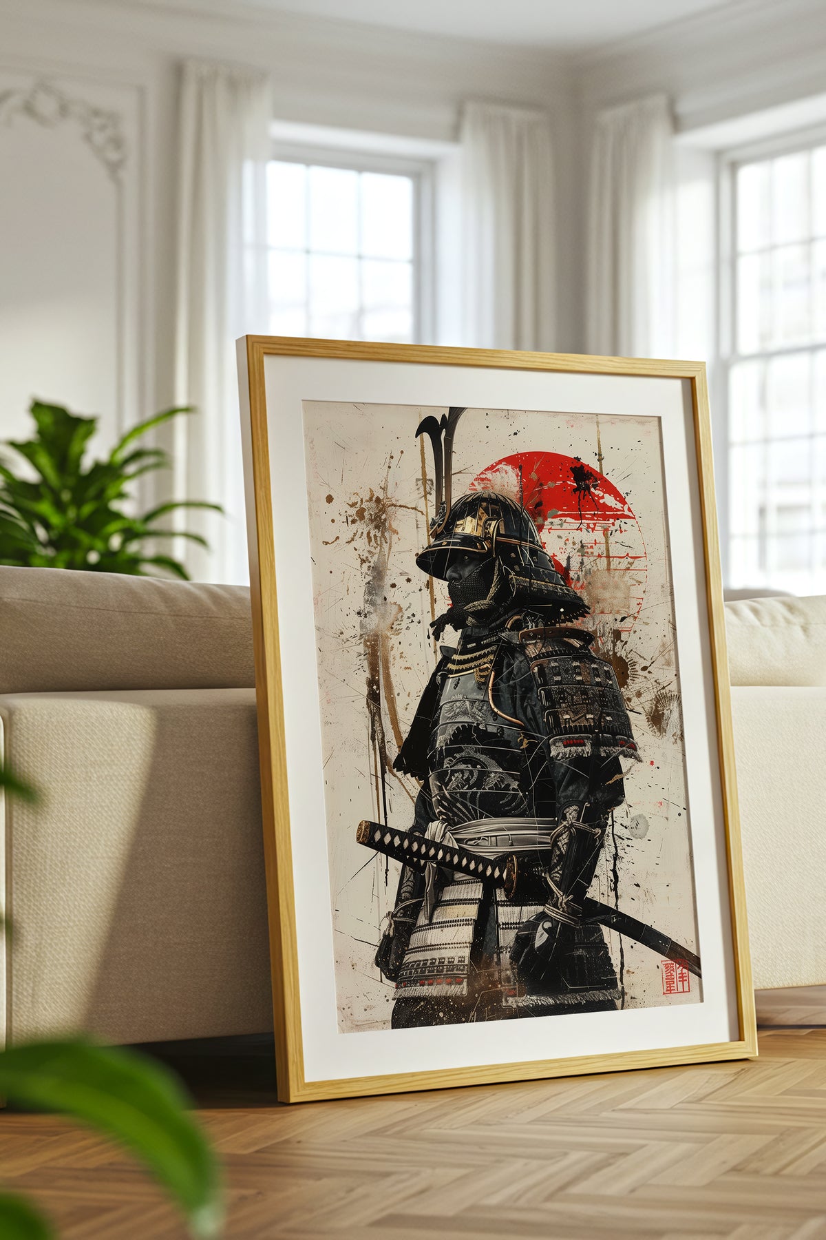 Red Sun Samurai Armor Print - Gold Splatter Wash Art | Samurai Legacy