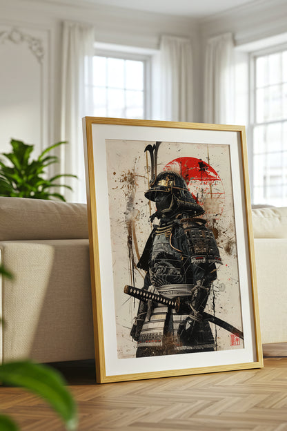 Red Sun Samurai Armor Print - Gold Splatter Wash Art | Samurai Legacy