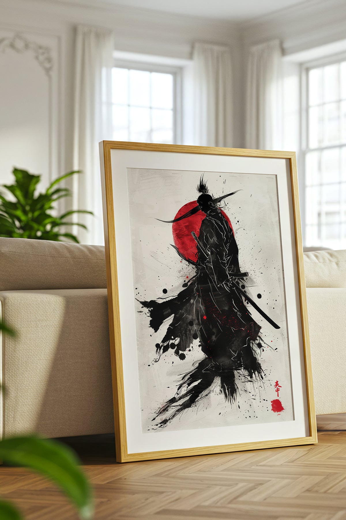 Crimson Sun Samurai Print - Dynamic Sumi Ink Poster | Samurai Legacy
