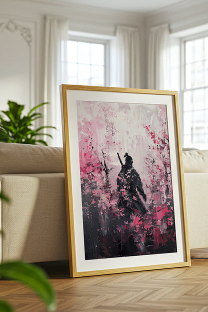 Cherry Blossom Samurai Print - Impressionist Pink Sakura Poster | Samurai Legacy