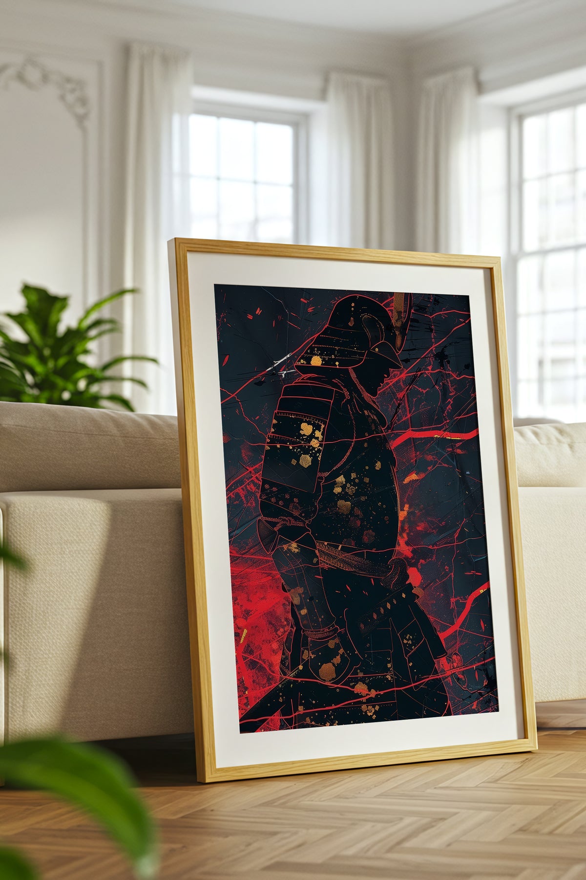 Crimson Line Samurai Armor Poster - Abstract Gold Print | Samurai Legacy