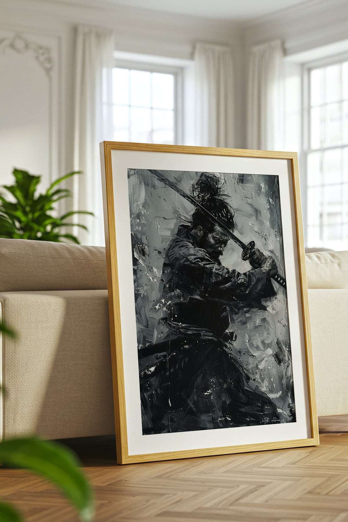 Monochromatic Katana Samurai Poster - Impasto Art Print | Samurai Legacy