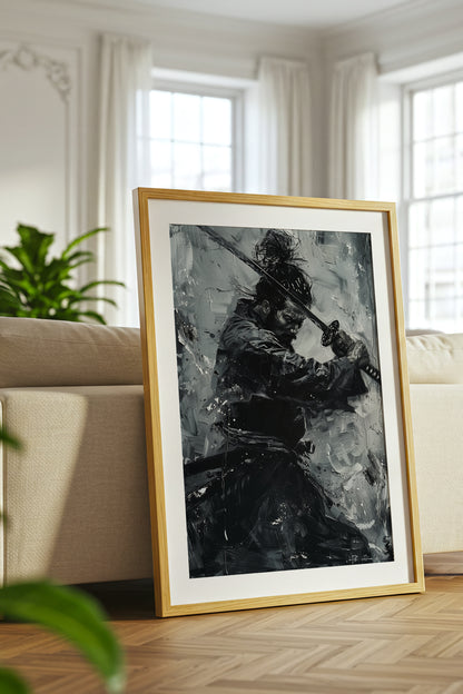 Monochromatic Katana Samurai Poster - Impasto Art Print | Samurai Legacy