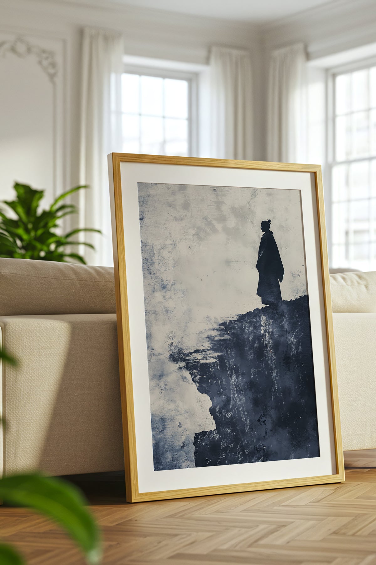Cliffside Samurai Print - Slate Blue Ink Wash Poster | Samurai Legacy